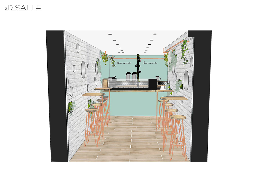 Visuels 3D de l'aménagement intérieur du bubble tea bar Teagré sur Antibes, réalisé par sb design concept, vue depuis l'entrée