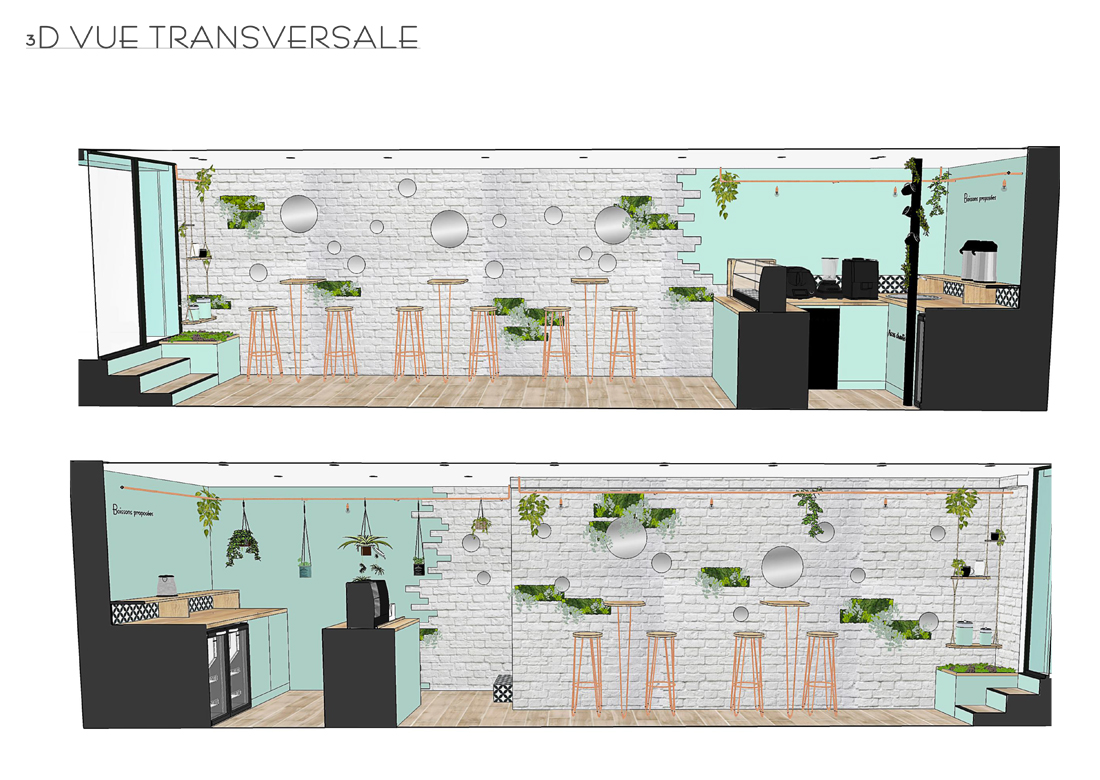 Visuels 3D de l'aménagement intérieur du bubble tea bar Teagré sur Antibes, réalisé par sb design concept