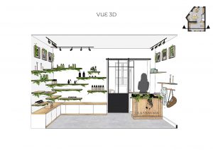 visuel 3D de l'aménagement d'un magasin de cosmétique bio avec une décoration végétale