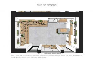 Vue 3D du dessus pour l'aménagement d'un magasin de cosmétique dans une ambiance végétale et bois réalisée par sb design concept