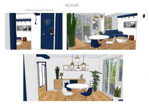 Vue 3D pour un projet d'aménagement de séjour dans une ambiance moderne et élégante réalisée par sbdesign-concept