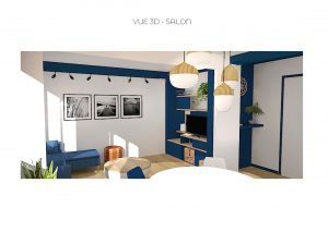 Vue 3D pour un projet d'aménagement de salon dans une ambiance moderne avec rangement sur mesure réalisé par sbdesign-concept