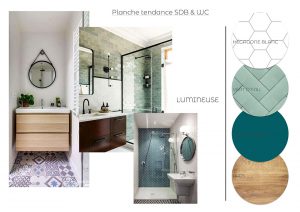 Planche d'inspiration et palette couleur et matériaux pour la rénovation d'une salle de bains réalisé par sbdesign-concept