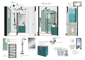 Vue 3D d'une rénovation de salle de bains dans un style moderne graphique vert d'eau réalisé par sb design concept