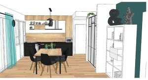 visuel 3D d'une cuisine moderne noir et bois