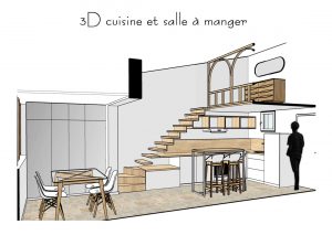 vue en 3d du projet d'aménagement, sur la cuisine avec un escalier suspendu qui se confond avec le plan de travail , la salle à manger agrandit par la pose d'un miroir.