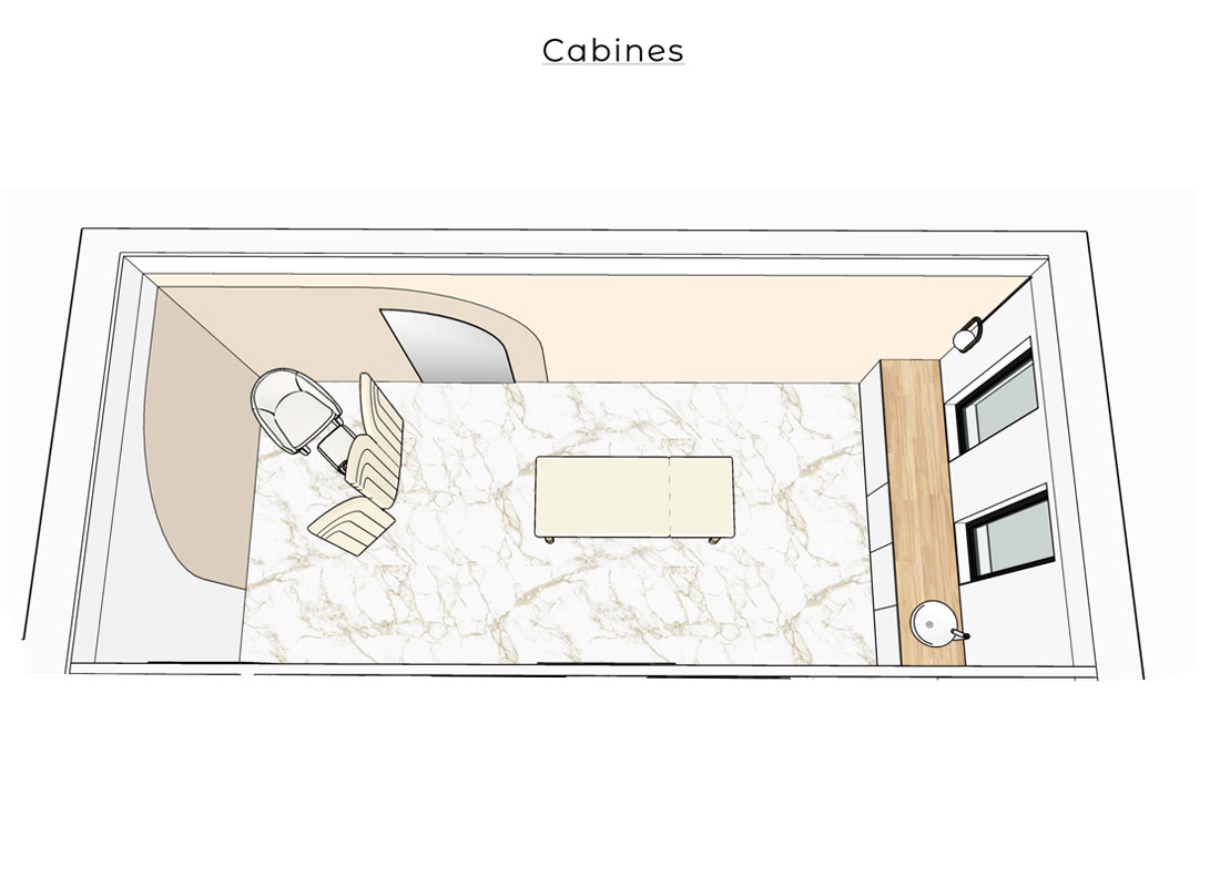vue du dessus de l'aménagement d'une cabine de soin esthétique dans les ton neutres de beiges, marbres et bois.
