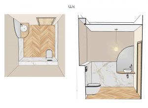 aménagement wc en marbre, bois et beige